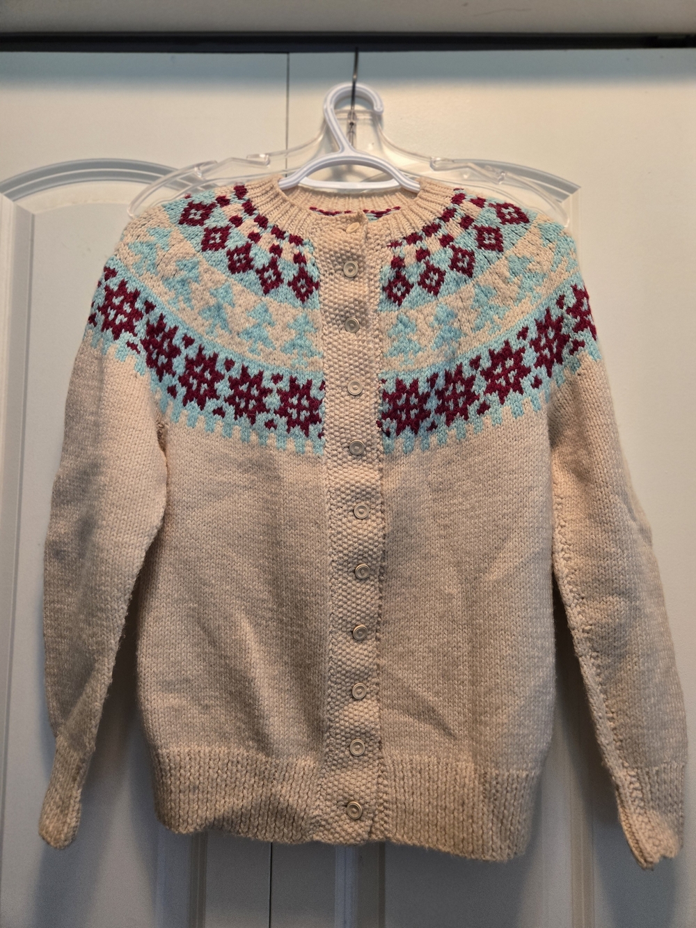 Cream Button-Front Fair Isle Yoke Sweater with Aqua & Burgundy Accents Homemade